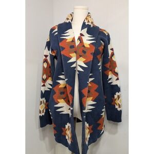 Lucky Brand Aztec Southwestern Print Open Front Cardigan Sweater Navy Rust Small